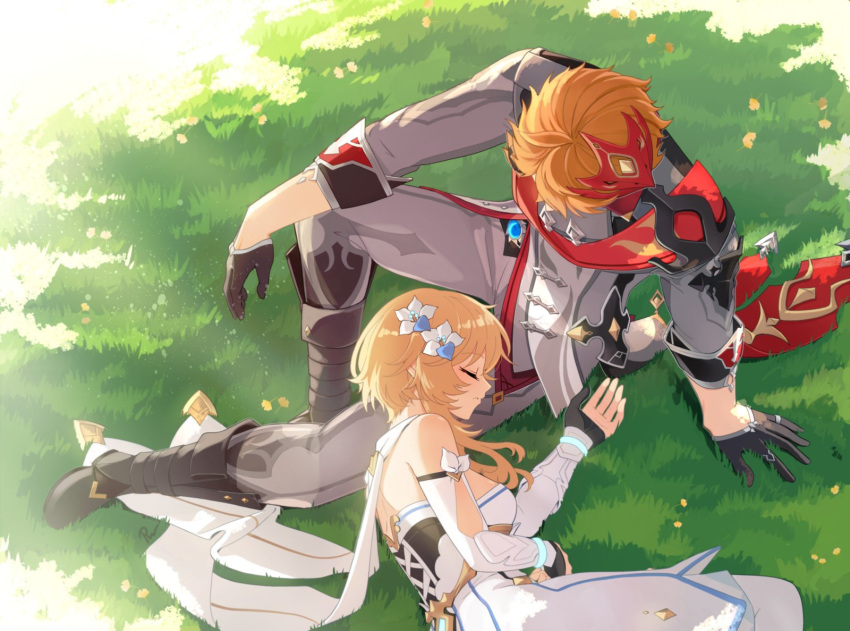 1boy, 1girl, bare_shoulders, black_gloves, blonde_hair, blush, boots, breasts