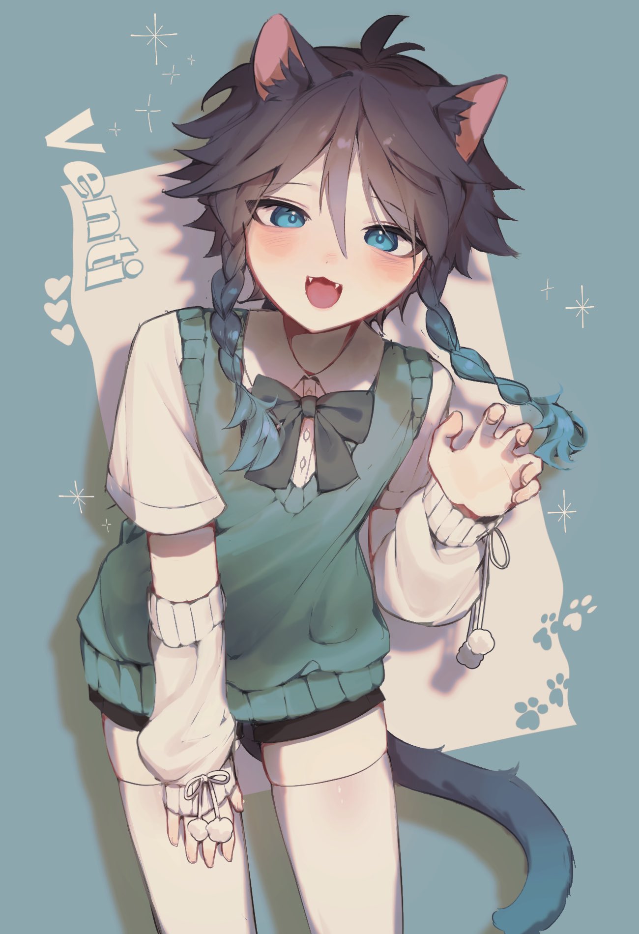 1boy, animal_ears, aqua_hair, aqua_tail, aqua_vest, bare_legs, black_hair, black_shorts