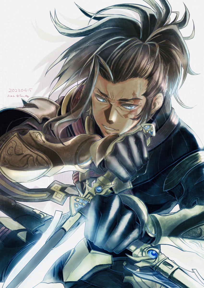 artist_name, black_hair, blue_eyes, commentary_request, dagger, dated, dual_wielding, fon_(fon_dq)