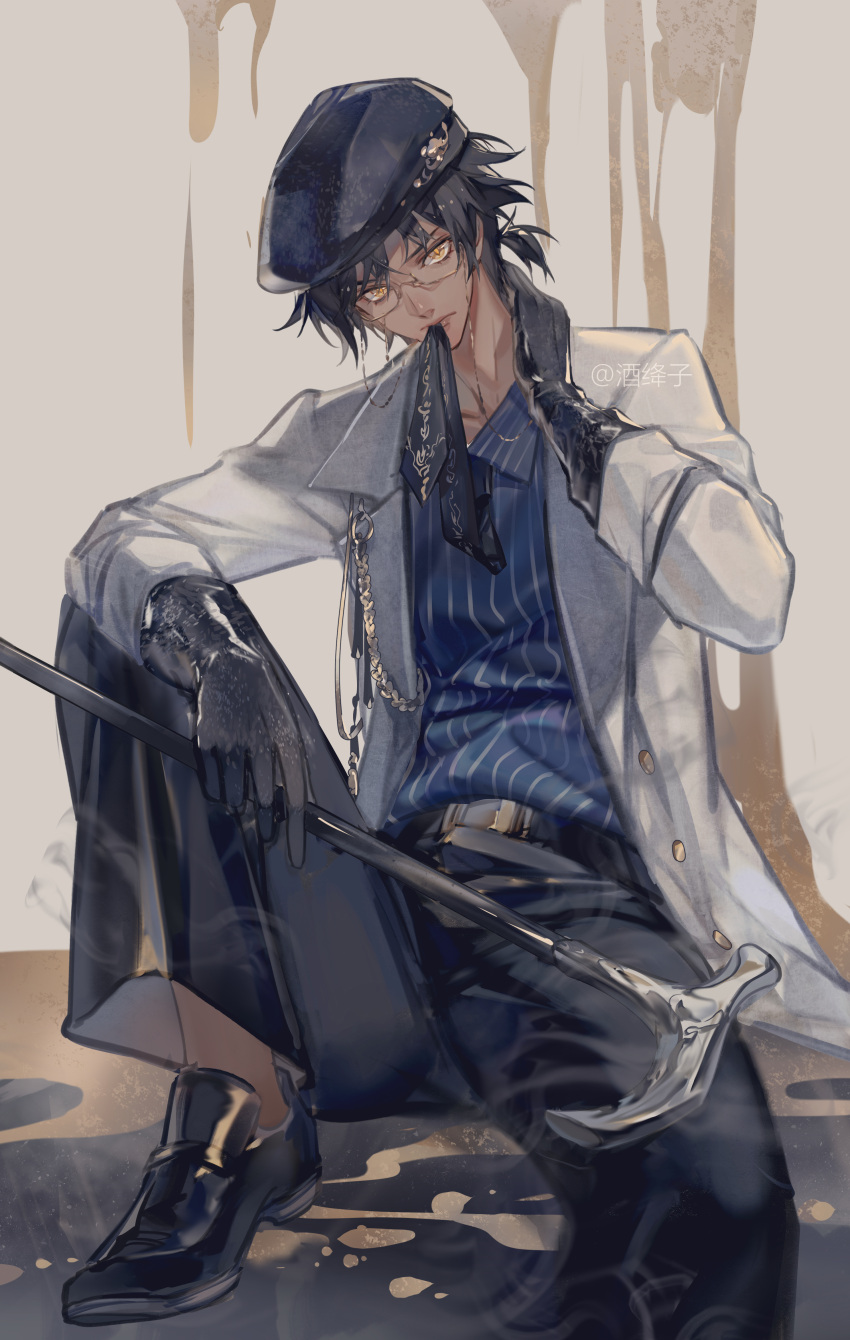 1boy, absurdres, arknights, artist_name, belt, black_gloves, black_hair, black_hat