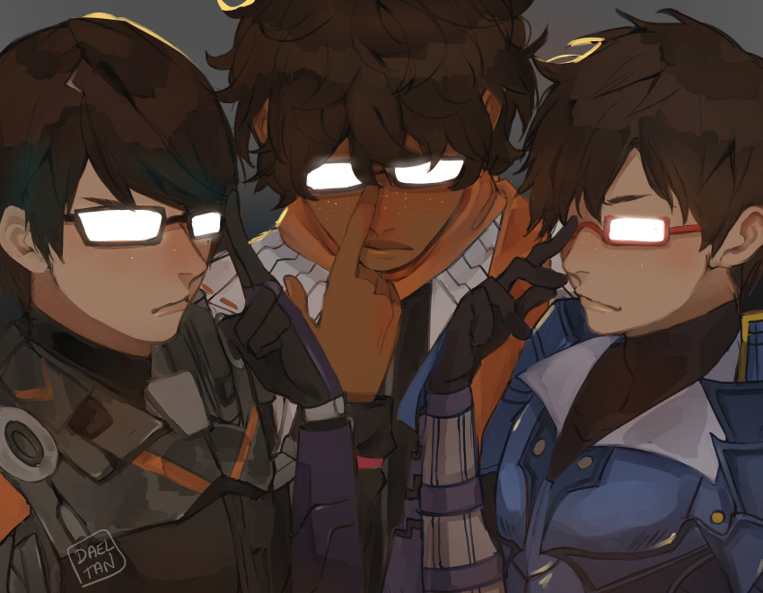 3boys, absurdres, akhos_(xenoblade), armor, brown_hair, commentary, dadeltan, dark-skinned_male