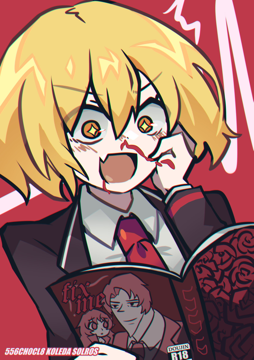 1girl, absurdres, black_suit, blonde_hair, blood, book, character_request, collared_shirt