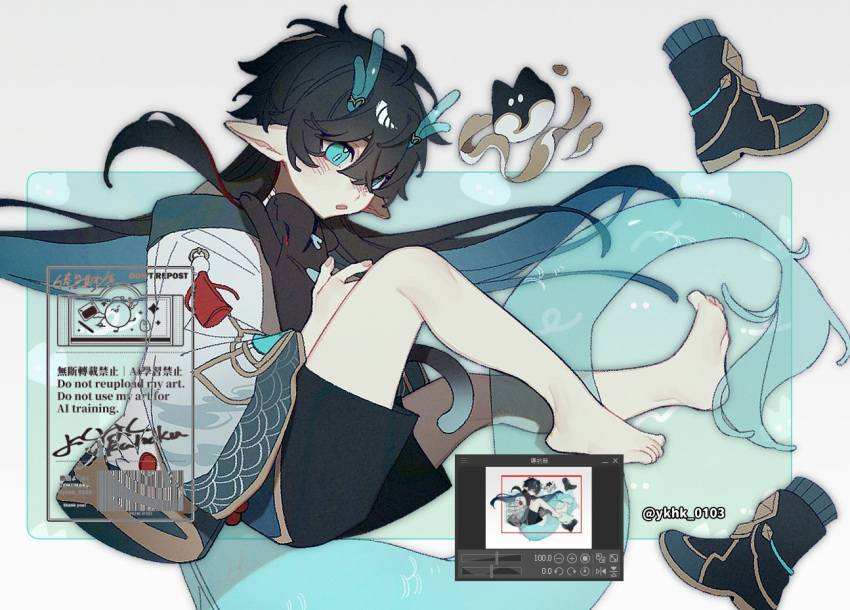 1boy, aged_down, alternate_costume, barefoot, bishounen, black_cat, black_hair, black_shorts