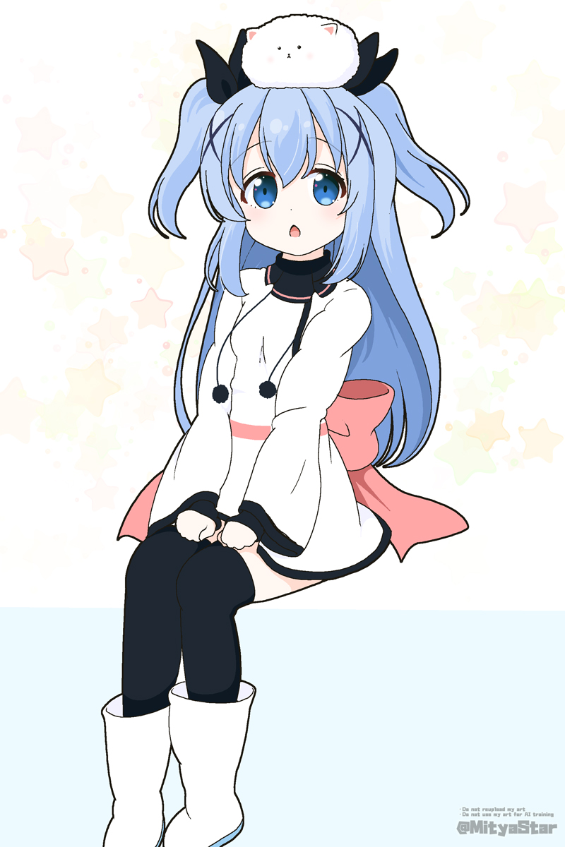1girl, animal, animal_on_head, black_gloves, black_ribbon, black_thighhighs, blue_background, blue_eyes