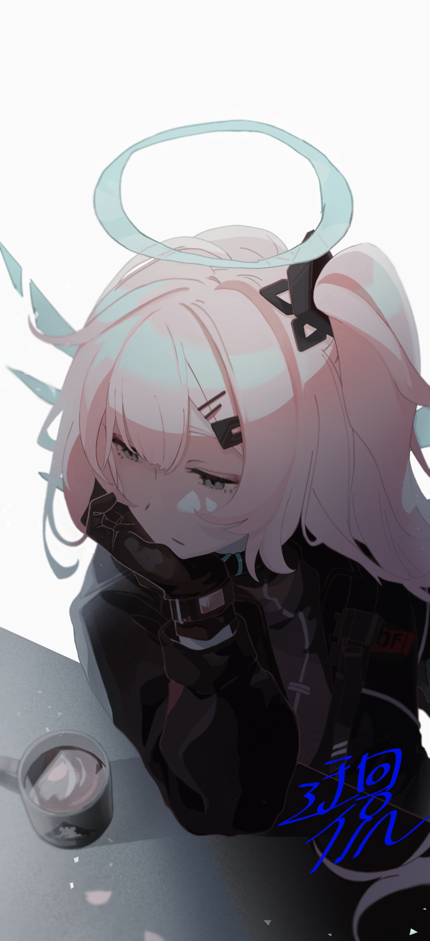 1girl, absurdres, ambriel_(arknights), arknights, black_gloves, black_ribbon, gloves, grey_eyes