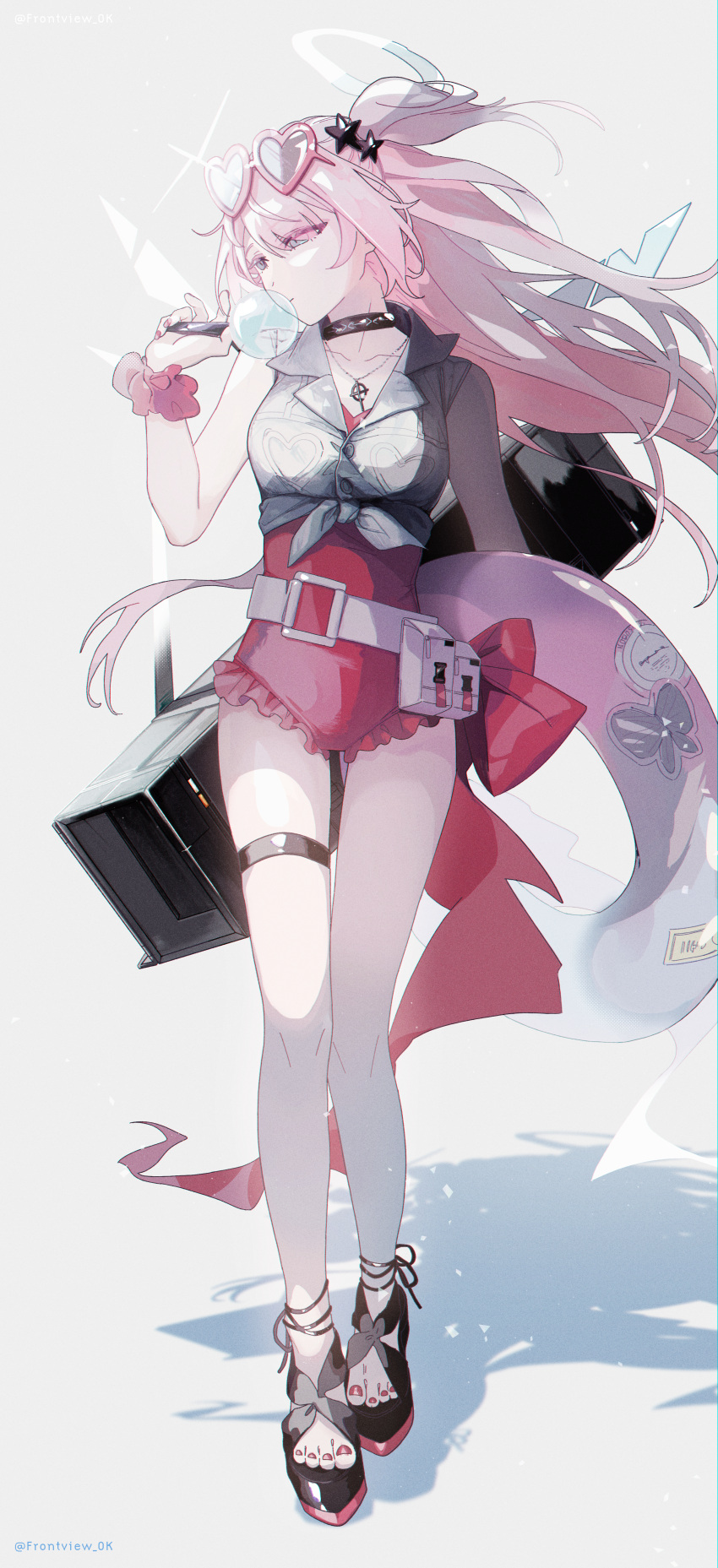 1girl, absurdres, ambriel_(arknights), ambriel_(holiday)_(arknights), arknights, bare_shoulders, blowing_bubbles, cropped_jacket