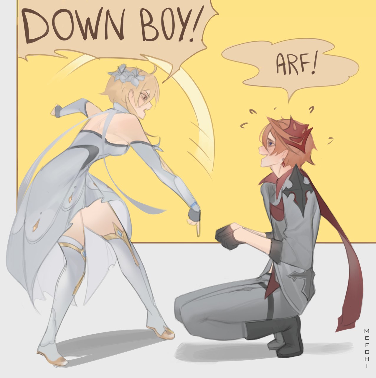 1boy, 1girl, ahoge, bare_shoulders, black_gloves, blonde_hair, blue_eyes, blush