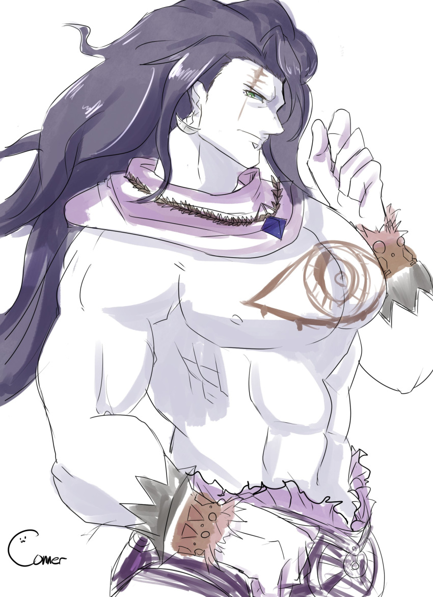 1boy, abs, absurdres, bad_id, bad_twitter_id, blue_eyes, body_markings, chaos_frankenstein_(grimms_notes)