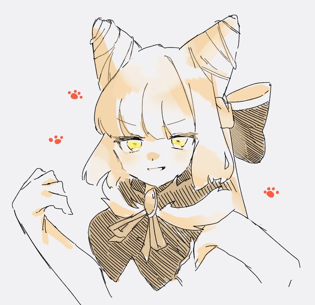 1girl, animal_ears, braid, breasts, chaos_puss_in_boots_(grimms_notes), gem, grimms_notes, grin, gun2y0, hair_ribbon, long_hair, partially_colored, paw_print, ribbon, simple_background, sketch, smile, solo, teeth, upper_body, white_background, yellow_eyes