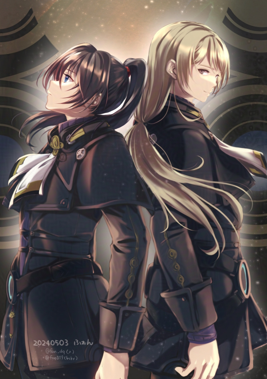 2boys, back-to-back, black_capelet, black_coat, black_hair, blonde_hair, blue_eyes, bluesky_username
