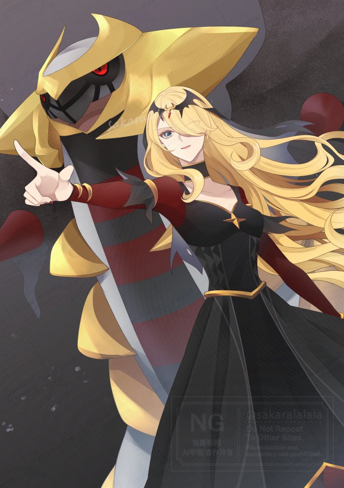 1girl, black_choker, black_dress, blonde_hair, choker, cynthia_(pokemon), cynthia_(sygna_suit)_(renegade)_(pokemon), dress