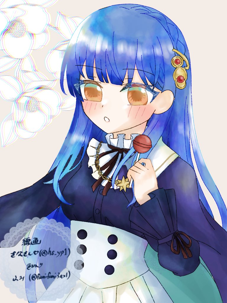 artist_collaboration, artist_name, assault_lily, black_cape, black_ribbon, black_shirt, blue_hair, blunt_bangs