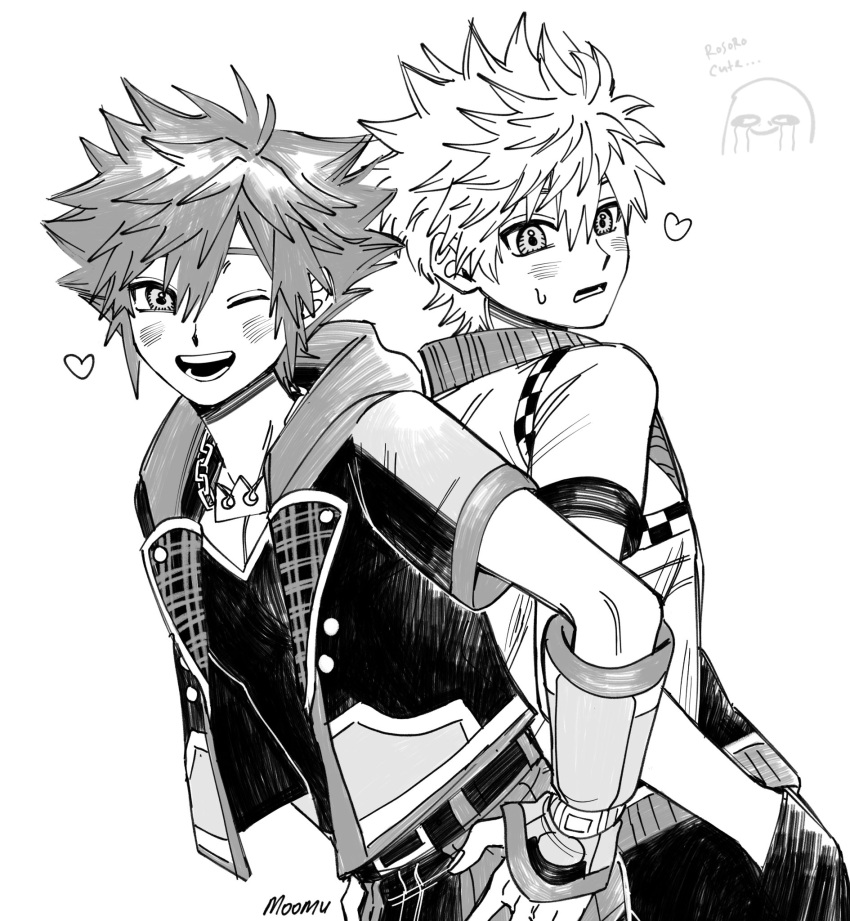 2boys, back-to-back, blush, chain, chain_necklace, fingerless_gloves, gloves, heart