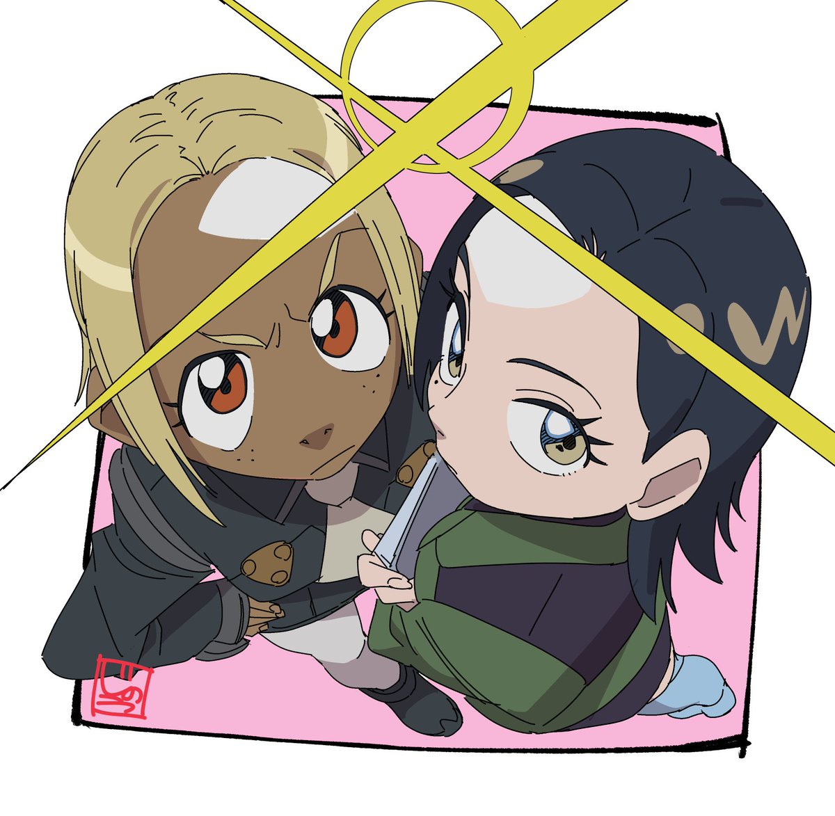 2girls, black_hair, blonde_hair, border, brown_eyes, commentary_request, comoli_harcourt, flcl, forehead, green_jacket, grey_eyes, gundam, gundam_gquuuuuux, jacket, jinou_rakugaki, kitsurubami, looking_at_viewer, military_uniform, mole, mole_under_eye, multiple_girls, outside_border, pink_background, tan, white_border