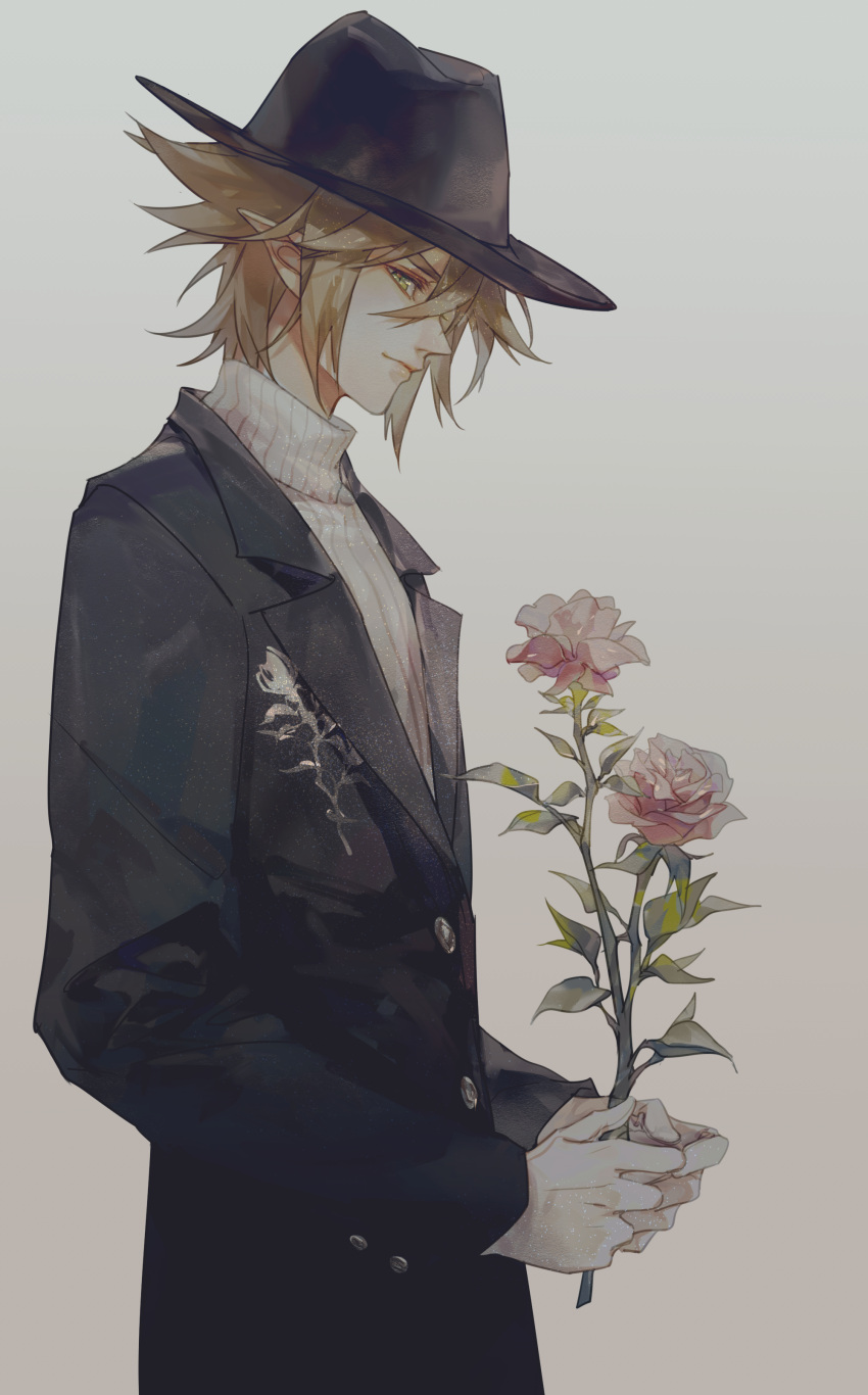 1boy, absurdres, anmicius, aotu_world, bishounen, brown_hair, coat, flower