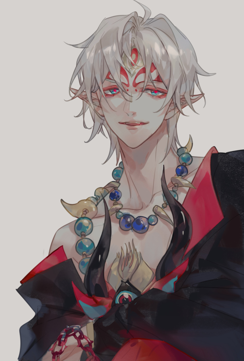 1boy, bead_necklace, beads, blue_eyes, collarbone, facial_mark, forehead_mark, grey_background