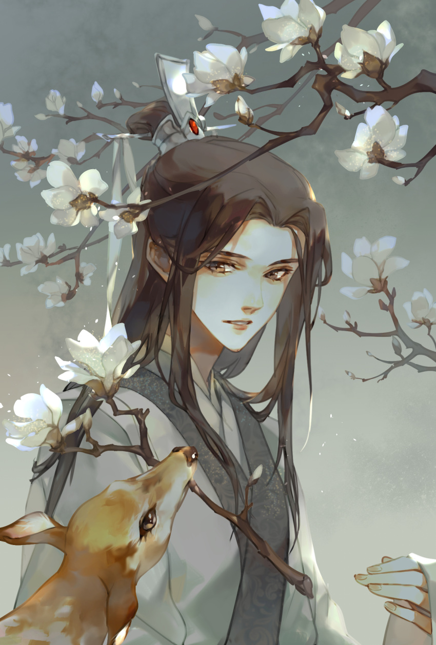 1boy, animal, black_hair, branch, brown_eyes, chinese_clothes, deer, flower