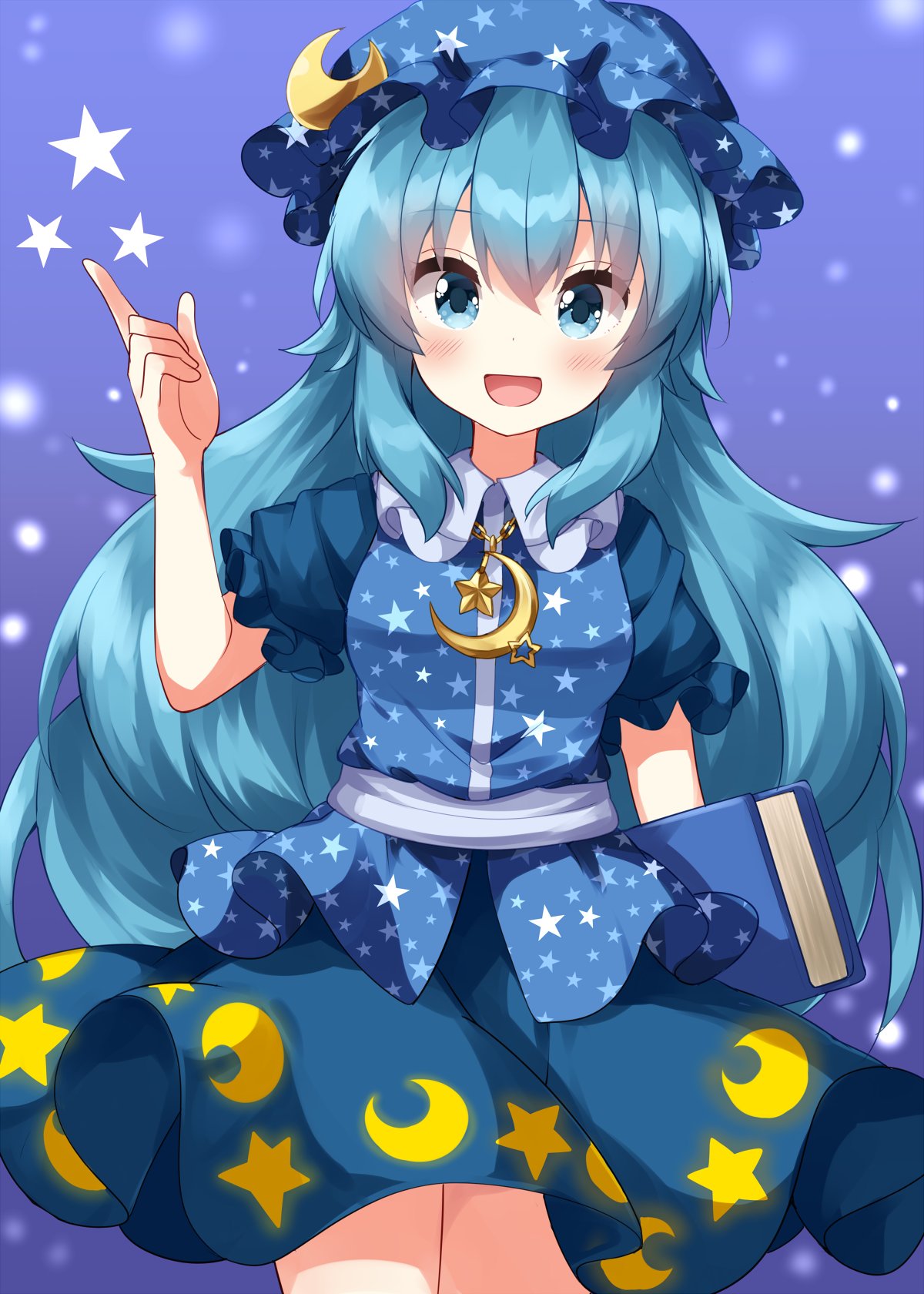 1girl, :d, blue_eyes, blue_hair, blue_hat, blush, book, collared_dress, commentary_request, cowboy_shot, crescent, crescent_hat_ornament, dress, hair_between_eyes, hand_up, hat, hat_ornament, highres, holding, holding_book, ichika_yuuto, index_finger_raised, long_hair, looking_at_viewer, mob_cap, open_mouth, print_dress, print_hat, puffy_short_sleeves, puffy_sleeves, purple_background, ruu_(tksymkw), short_sleeves, smile, solo, star_(symbol), star_print, touhou