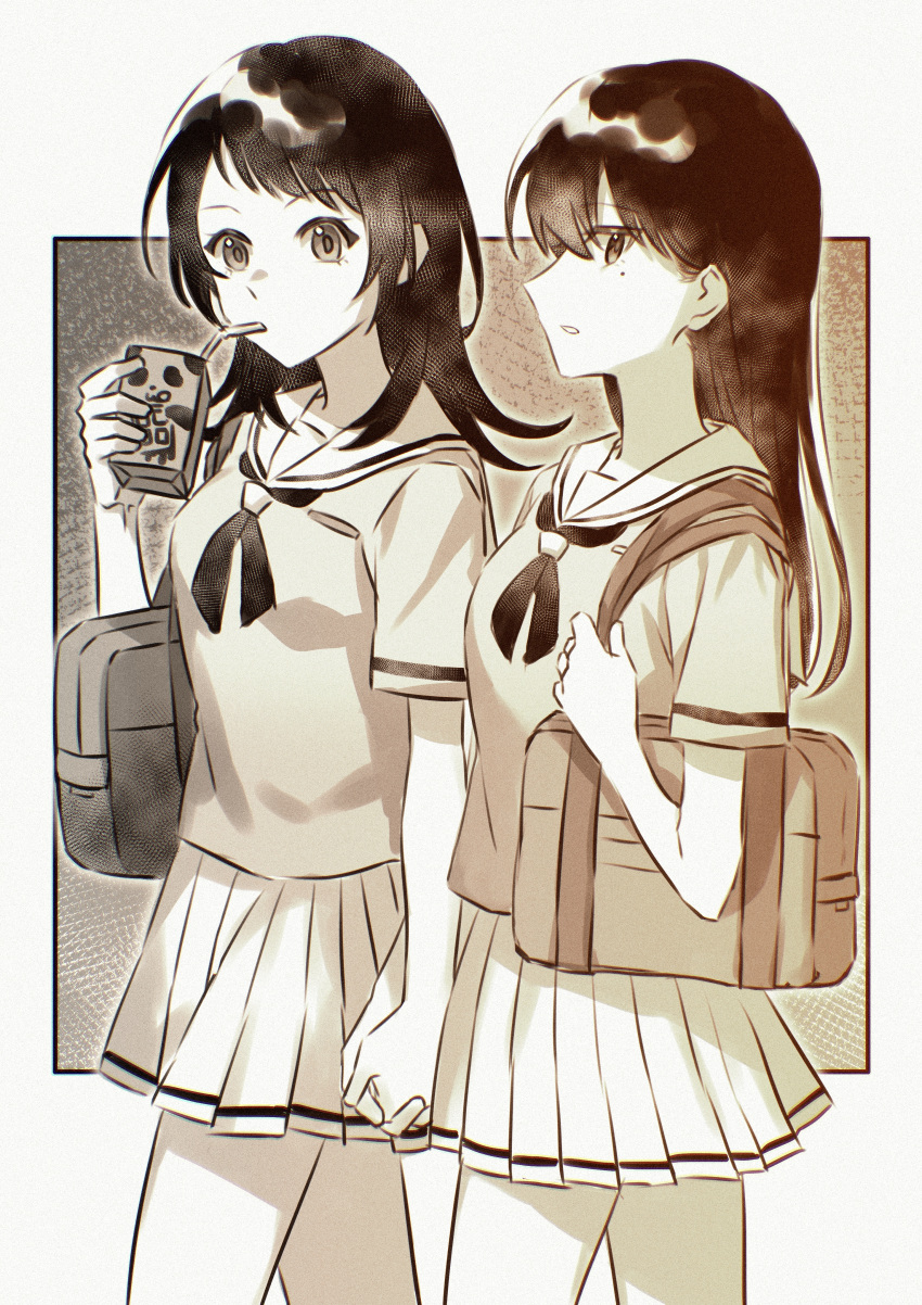 2girls, absurdres, bag, bang_dream!, bang_dream!_it's_mygo!!!!!, drinking_straw, drinking_straw_in_mouth, hanasakigawa_school_uniform, highres, holding_hands, interlocked_fingers, long_hair, medium_hair, mole, mole_under_eye, monochrome, multiple_girls, neckerchief, open_mouth, outside_border, pleated_skirt, sailor_collar, school_bag, school_uniform, serafuku, shiina_taki, short_sleeves, shoulder_bag, skirt, trileo405, yahata_umiri, yuri