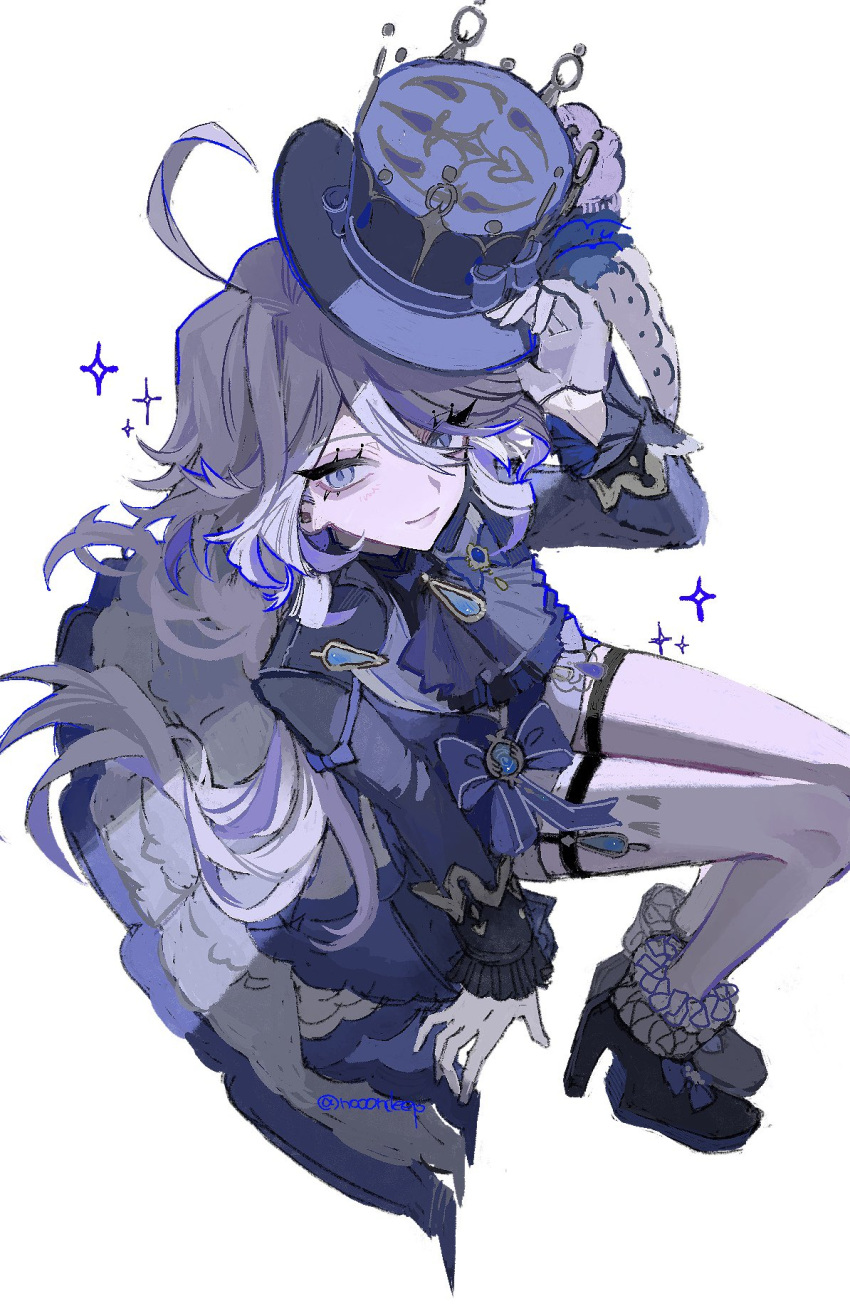 1girl, blue_hair, blue_jacket, furina_(genshin_impact), genshin_impact, gloves, hair_between_eyes, hat, heterochromia, highres, jacket, long_hair, long_sleeves, multicolored_hair, smile, solo, streaked_hair, symbol-shaped_pupils, top_hat, uma_(npon_zinsei), white_gloves, white_hair