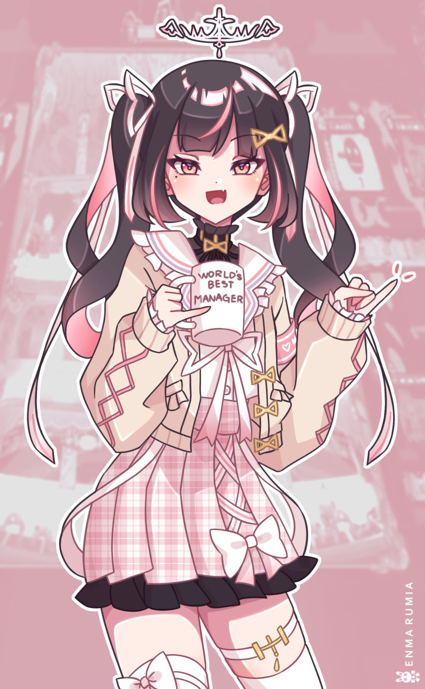 1girl, :d, armband, artist_name, blunt_bangs, bow, buttons, colored_inner_hair