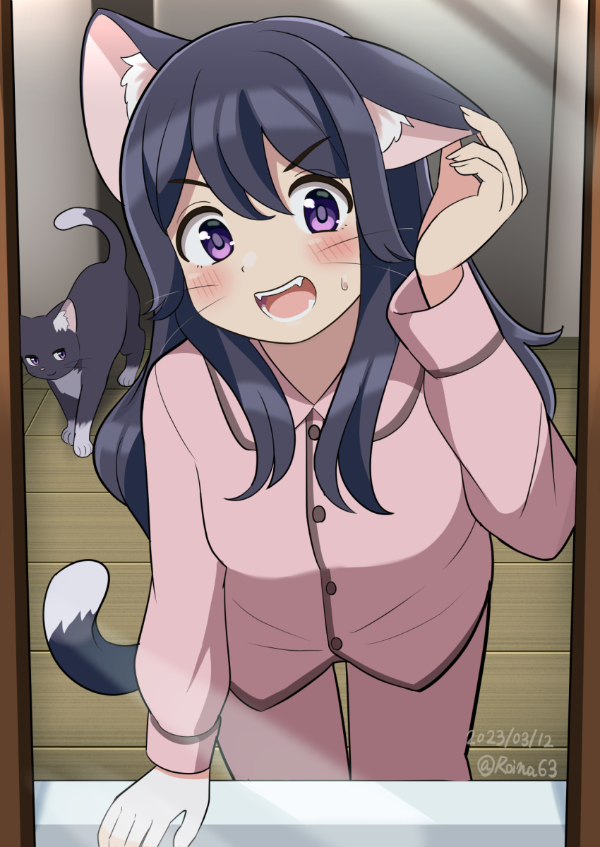 animal_ear_fluff, animal_ears, black_hair, blush, cat, cat_ears, cat_girl, cat_tail