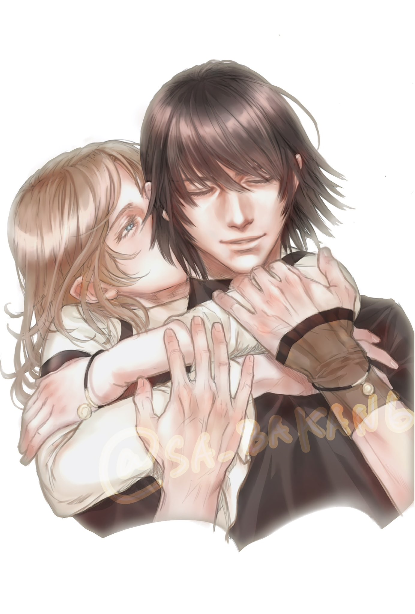1boy, 1girl, black_hair, blonde_hair, blue_eyes, caim_(drag-on_dragoon), closed_eyes, drag-on_dragoon