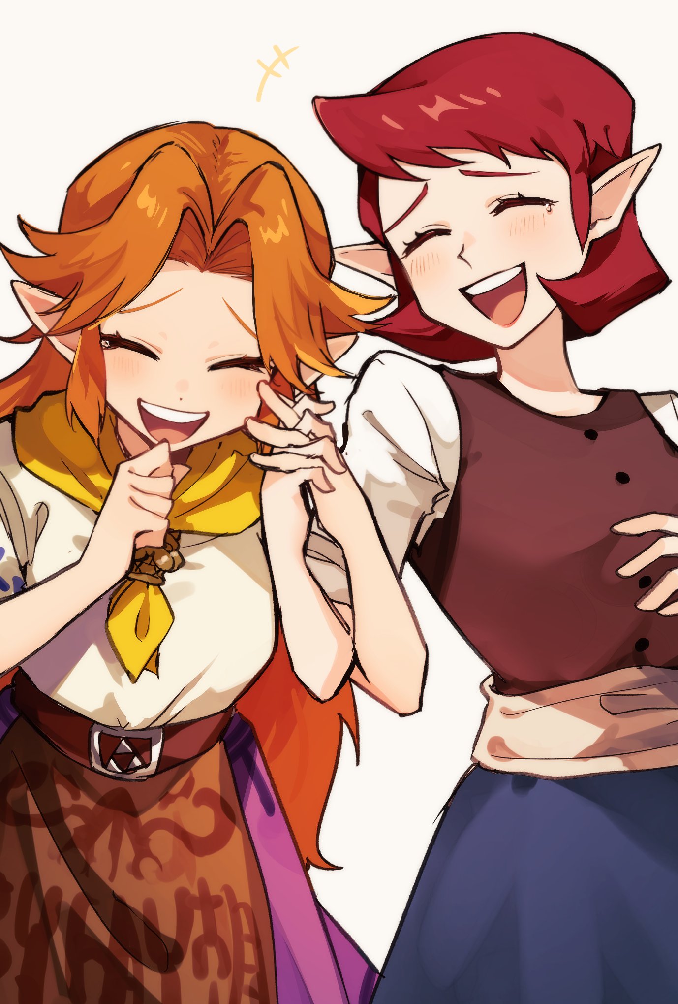 2girls, ^_^, anju_(zelda), blue_skirt, closed_eyes, commentary, cremia, highres