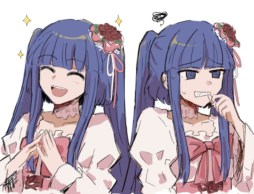 1girl, :d, @_@, ^_^, blue_hair, blunt_bangs, bow, clenched_teeth