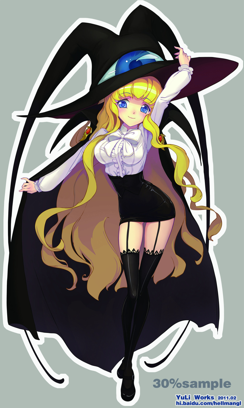 bad_id, black_legwear, black_thighhighs, blonde_hair, blue_eyes, cape, hat, highres