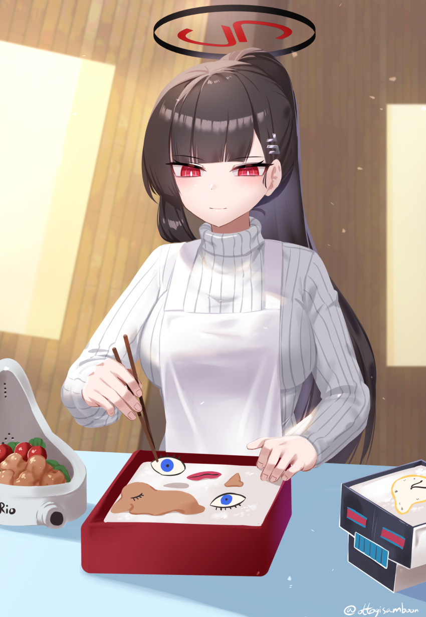 1girl, apron, bento, black_hair, blue_archive, blunt_bangs, blush, breasts
