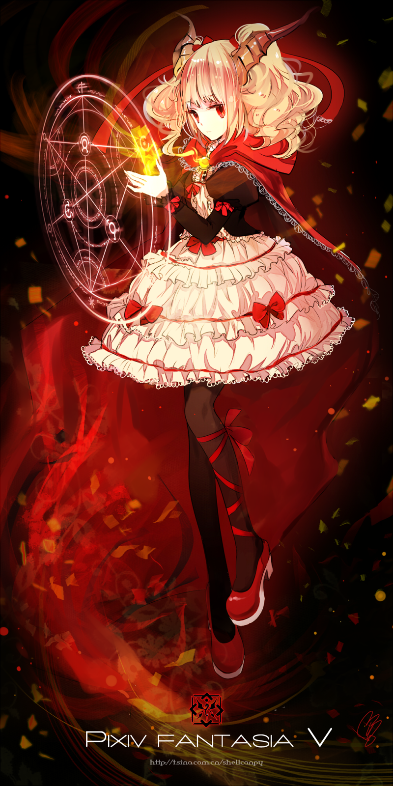 cape, dress, high_heels, highres, horns, magic_circle, pixiv_fantasia, pixiv_fantasia_5