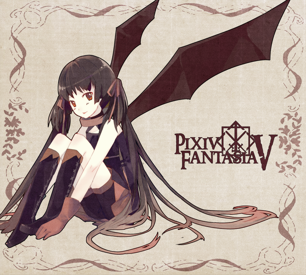 hair_ribbon, pixiv_fantasia, pixiv_fantasia_5, ribbon, sitting, solo, twintails, wings