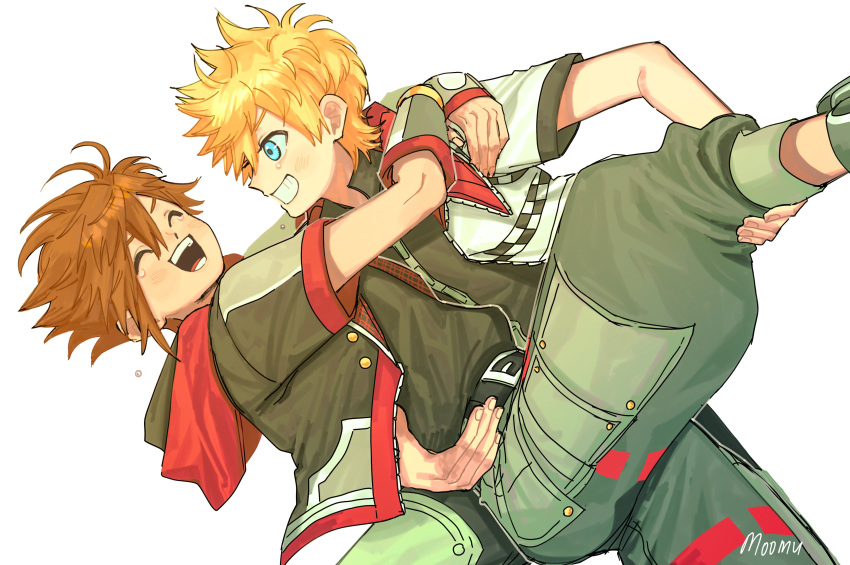 2boys, absurdres, blonde_hair, blue_eyes, blush, carrying, carrying_person, clenched_teeth