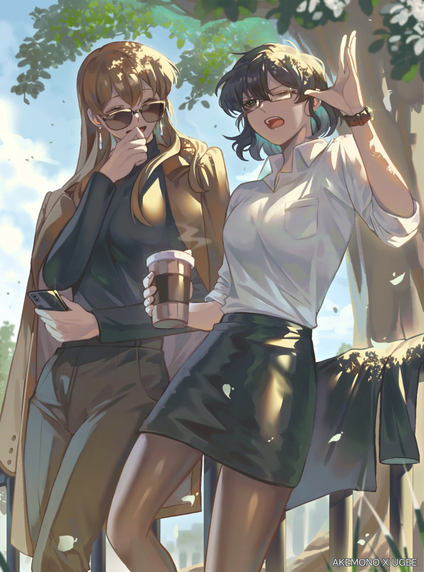 2girls, artist_name, black_eyes, black_hair, black_jacket, black_pantyhose, black_shirt, black_skirt