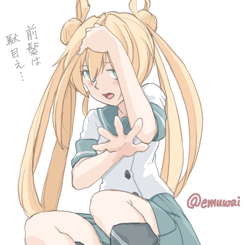 1girl, abukuma_(kancolle), black_boots, blonde_hair, blue_eyes, boots, double_bun, emuwai, feet_out_of_frame, grey_sailor_collar, grey_skirt, hair_bun, hair_rings, kantai_collection, long_hair, one-hour_drawing_challenge, open_clothes, open_shirt, pleated_skirt, sailor_collar, sailor_shirt, school_uniform, serafuku, shirt, short_sleeves, sitting, skirt, solo, twintails, twitter_username, white_shirt