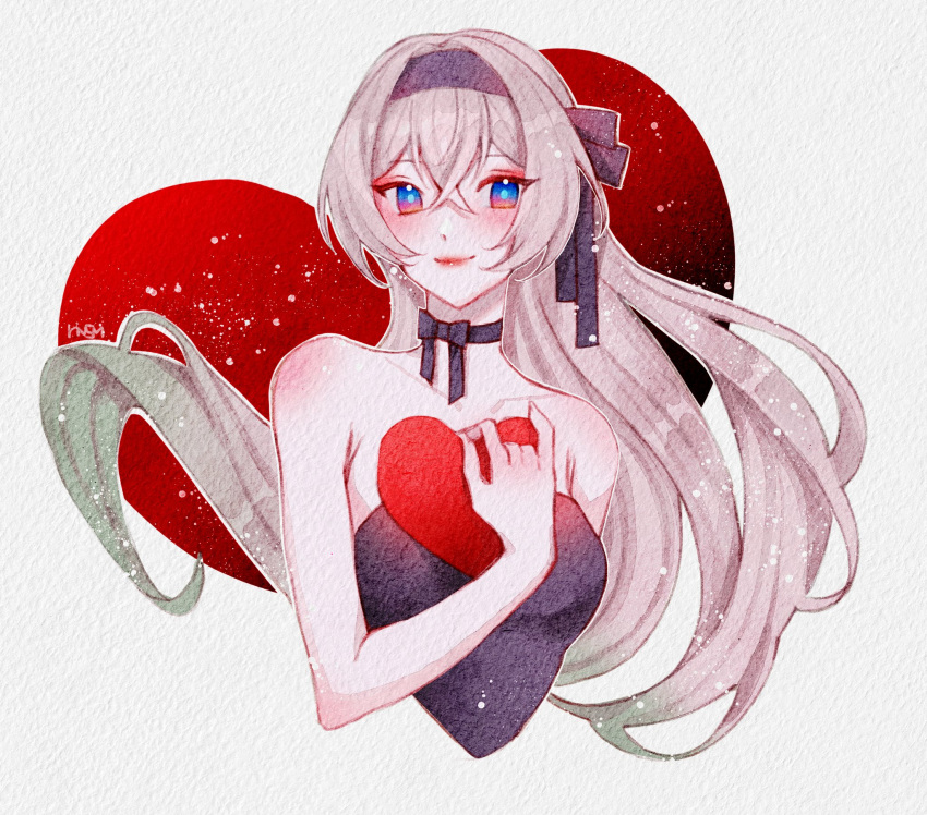 blue_pants, dress, firefly_(honkai:_star_rail), grey_hair, hair_between_eyes, hair_ribbon, hairband, heart