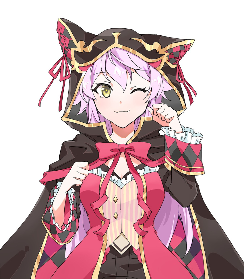 1girl, :3, ;), animal_ear_hood, animal_ears, animal_hood, black_cape, black_shorts