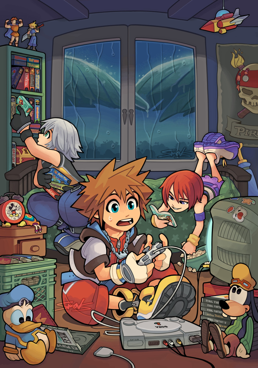 1girl, 2boys, absurdres, action_figure, bed, blue_eyes, brown_hair, character_doll, cloud_strife, crown_necklace, crt, disney, donald_duck, english_commentary, fingerless_gloves, food, game_cartridge, game_console, gloves, goofy, grey_hair, gummi_ship, hercules_(disney), highres, indoors, kingdom_hearts, kingdom_hearts_i, mickey_mouse, moogle, multiple_boys, on_bed, open_mouth, palm_tree, pants, playing_games, playstation_1, playstation_controller, popcorn, poster_(object), rain, reading, red_hair, revision, shoes, short_hair, signature, skirt, smovs, sora_(kingdom_hearts), spiky_hair, sticker, treasure_chest, tree, video_game, videocassette, window