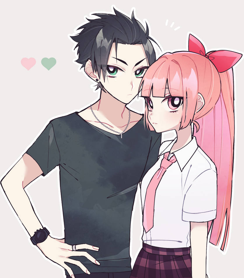 1boy, 1girl, aged_up, black_pants, black_shirt, blunt_bangs, bow, dress_shirt