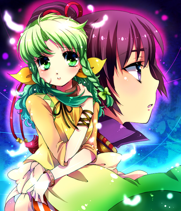 character_request, chigo, green_hair, katrina_(romancing_saga), multiple_girls, profile, purple_hair, romancing_saga, romancing_saga_3, saga, sara_(romancing_saga_3)