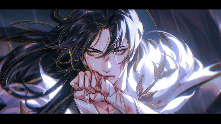 1boy, bishounen, black_hair, blood, blood_from_mouth, blood_on_clothes, blood_on_face, blood_on_hands