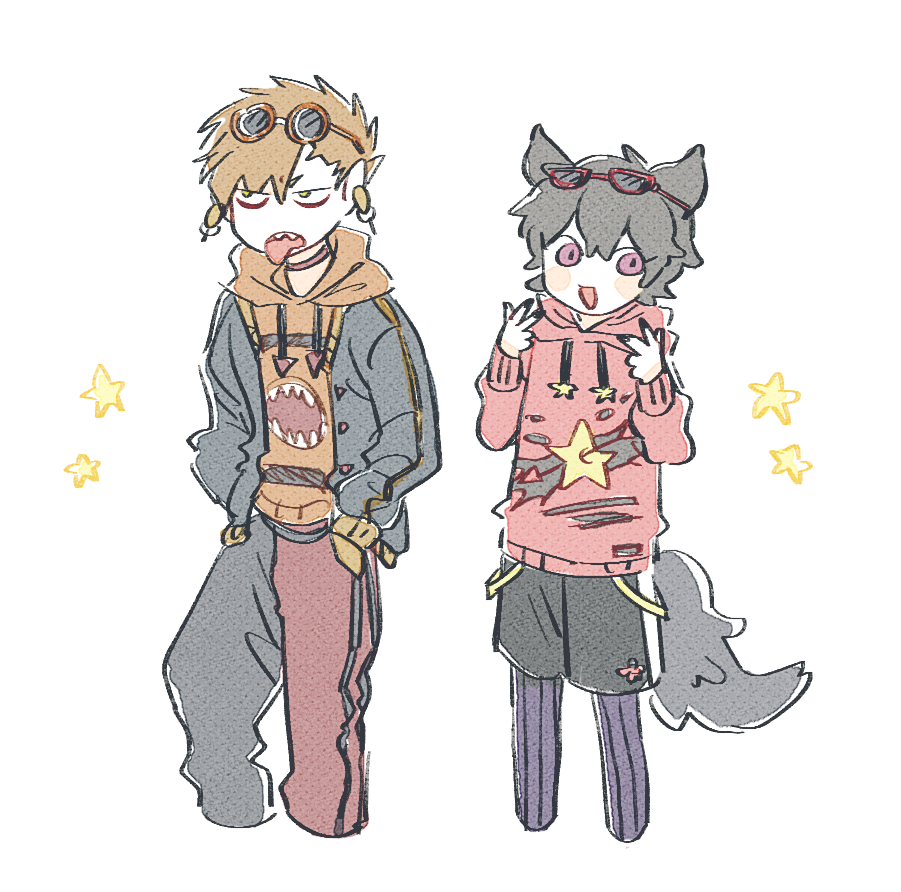 2boys, ahoge, animal_ears, annoyed, arne_no_jikenbo, asymmetrical_hair, belt, black_belt