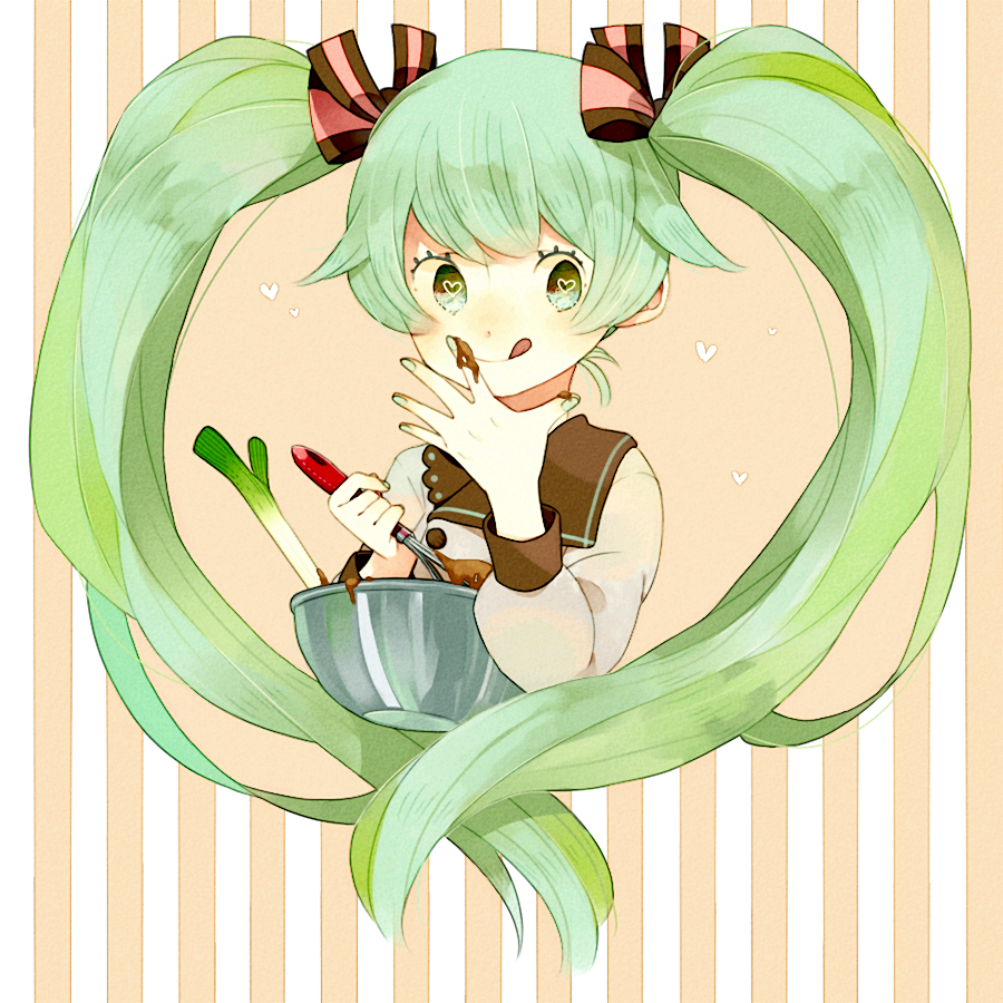 :q, baking, bowl, chocolate, hagiwara_hatoba, hair_ribbon, hatsune_miku, heart