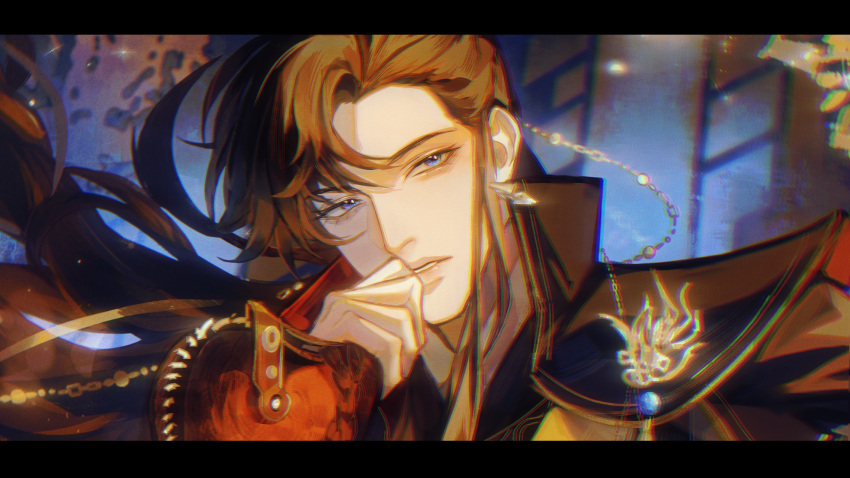 1boy, artem_wing_(tears_of_themis), blue_eyes, brown_hair, cape, chain, earrings, highres