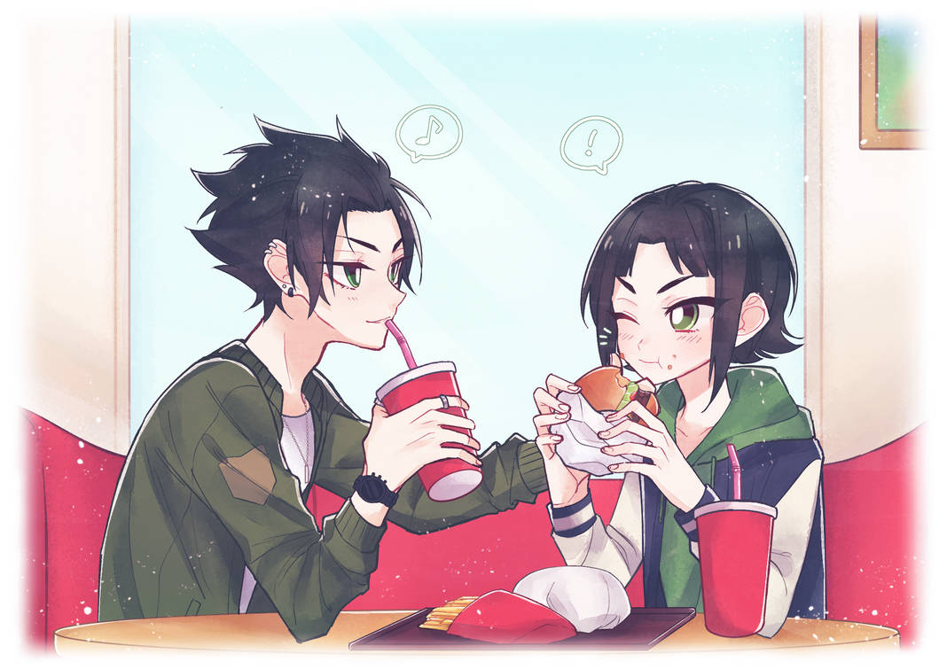 1boy, 1girl, black_hair, burger, butch_(ppg), buttercup_(ppg), commentary, cup, disposable_coffee_cup, disposable_cup, drinking_straw, earrings, eating, facing_another, food, french_fries, green_eyes, green_hoodie, green_jacket, hand_on_another's_shoulder, holding, holding_burger, holding_cup, holding_food, hood, hoodie, jacket, jewelry, looking_at_another, mochika2, multicolored_jacket, necklace, one_eye_closed, open_clothes, open_jacket, parted_bangs, powerpuff_girls, restaurant, ring, rowdyruff_boys, shirt, single_earring, sitting, spiky_hair, table, tray, watch, watch, white_shirt, window