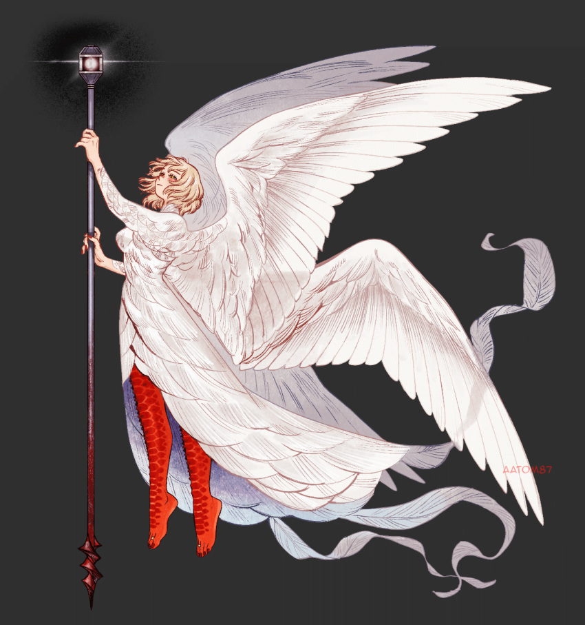 1girl, aatom87, alternate_costume, artist_name, blonde_hair, breasts, commentary, dungeon_meshi, english_commentary, falin_touden, falin_touden_(chimera), feathered_wings, feathers, full_body, fur_dress, highres, holding, holding_staff, jewelry, large_breasts, medium_hair, multiple_wings, scales, solo, staff, toe_ring, wings