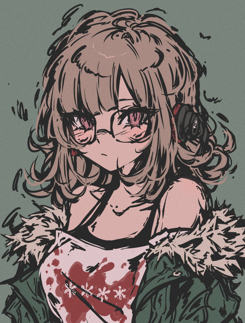 1girl, absurdres, bare_shoulders, behind-the-head_headphones, breasts, closed_mouth, collarbone, cosplay