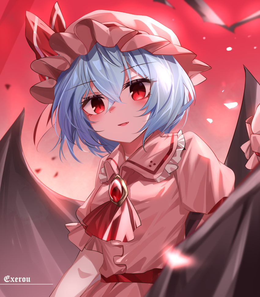 1girl, absurdres, artist_name, ascot, bat_wings, blue_hair, brooch, collared_shirt