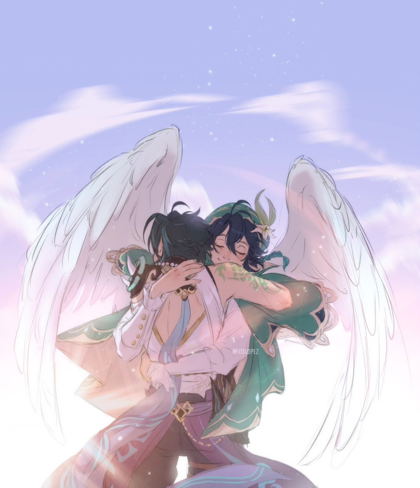 2boys, arm_tattoo, back, braid, closed_eyes, commentary, english_commentary, genshin_impact, hair_between_eyes, hat, highres, hug, itslopezz, long_sleeves, multiple_boys, purple_sky, short_hair, sky, tattoo, venti_(genshin_impact), white_wings, wings, xiao_(genshin_impact)